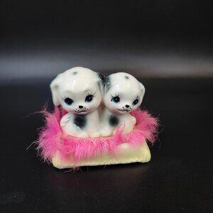 Vintage Kitsch Dalmatian Porcelain Figurines with Pink Faux fur